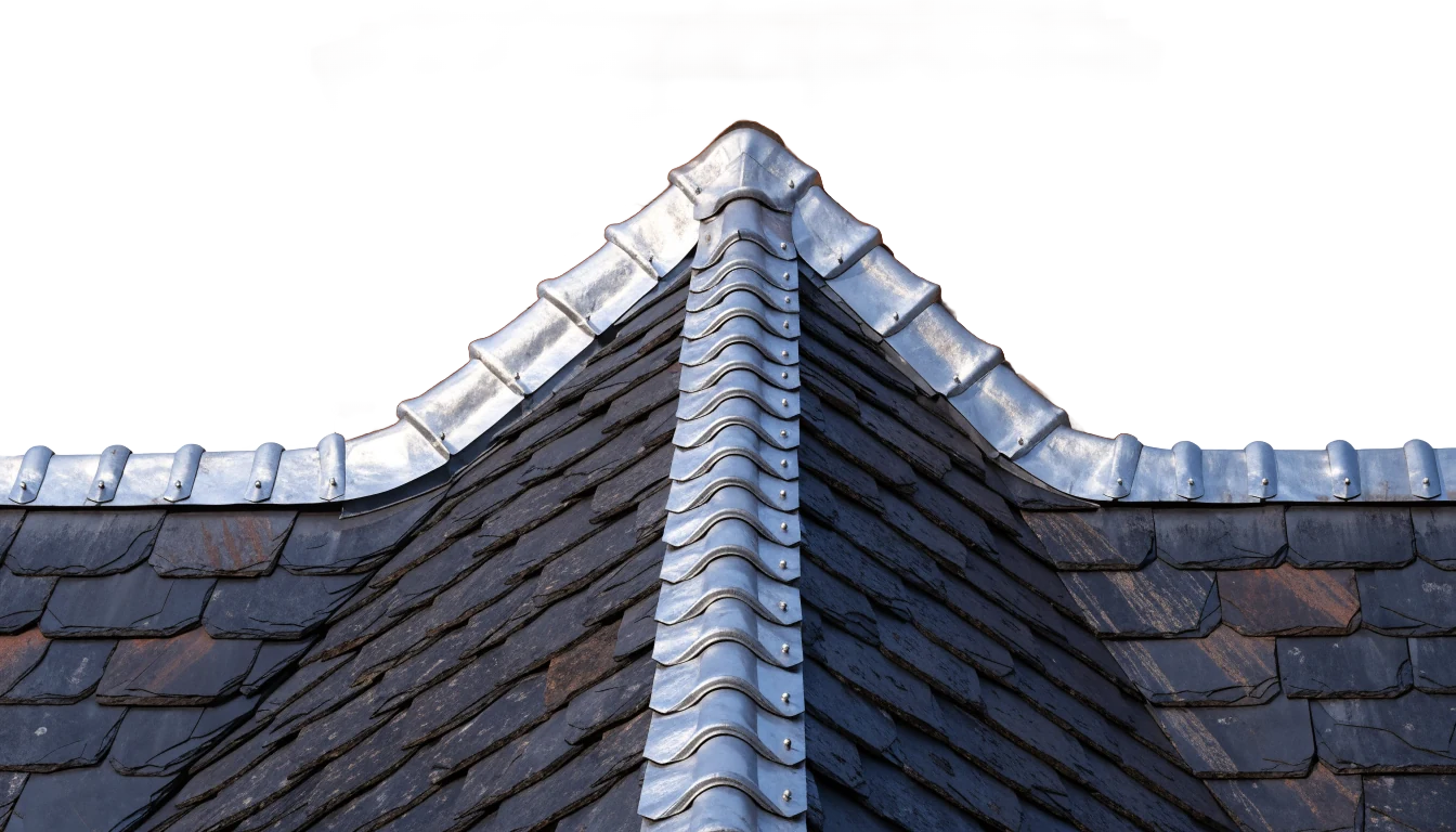 Slate roof peak and chimney with dressed leadwork